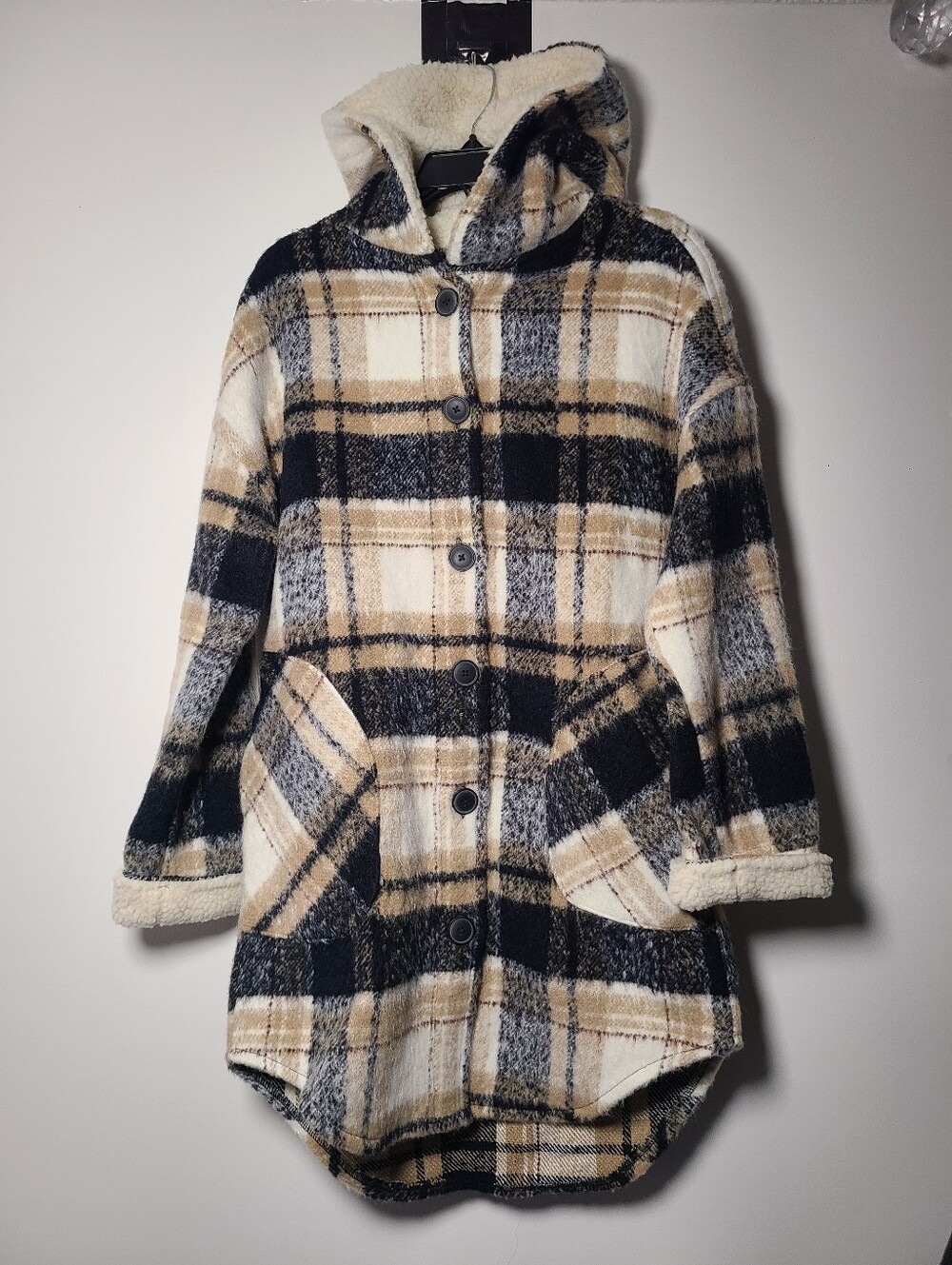 Design Lab Lord & Taylor Hooded Plaid Sherpa Coatigan Womens Size S